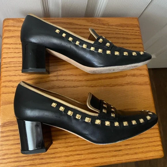 TORY BURCH Perfect Black/Dulce de Leche Leather Studded Loafers Pumps SZ 6.5 - Picture 5 of 15